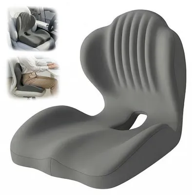 Obrázek produktu pro Ergonomická sedací podložka z paměťové pěny, ortopedická sedací podložka s bederní opěrkou, sedací podložka ve tvaru "L", polštářek na kostrč. Vhodná pro domácnost, auto, invalidní vozík a kancelářské židle. Barva: šedá