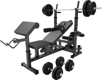 Produktbild von GORILLA SPORTS® Kraftstation mit Gewichten - 170cm Stange, 70kg Hantelset, Beincurler, Butterfly, Dip-station, Curlpult, Schwarz
