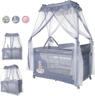 Produktbild von Lorelli 3in1 Babybett und Laufstall, Baldachin Betthimmel Magic Sleep mit 2 Ebenen, Kinderbett ab Geburt, Baby Reisebett, grau