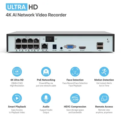 Produktbild von Überwachungssystem, 4K-Auflösung, intelligente KI-Erkennung, 8CH, Keine