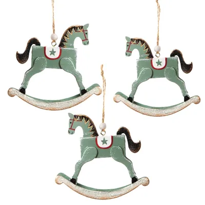 Produktbild von 3 Weihnachten Schaukelpferd Anhänger - Weihnachtsdeko grün Vintage 9 cm