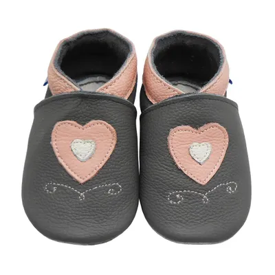Produktbild von YIHAKIDS Baby Krabbelschuhe Leder 0-6 Monate, Lauflernschuhe mit Wildledersohle Jungen Mädchen Herz Motiv Grau Rosa
