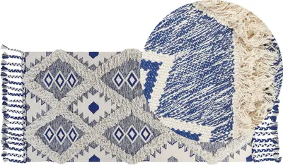 Produktbild von BELIANI Teppich Beige / Blau Baumwolle 80 x 200 cm Rechteckig Geometrisches Muster Boho Läufer mit Fransen Fußbodenheizug Geeignet Wohnzimmer Flur
