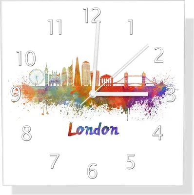 Produktbild von Wallario Design Wanduhr Städte als Aquarell - Skyline von London aus Echtglas, Größe 30 x 30 cm