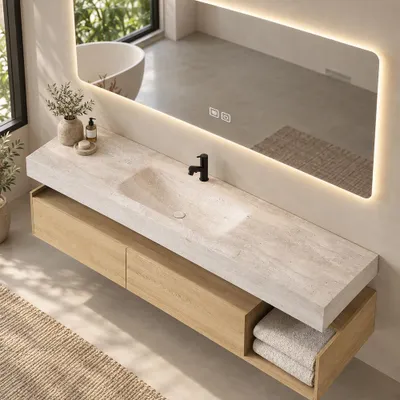 Immagine prodotto di Set di mobili da bagno sospesi con lavabo, piano in pietra sinterizzata, specchio con illuminazione a LED, cassettiera e gruppo di scarico, 120 × 55 cm【RWR208-120】