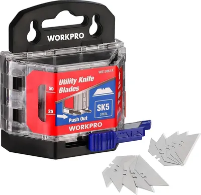 Obrázek produktu pro WORKPRO 50dílná sada trapézových nožů SK5 z uhlíkové oceli v zásobníku 0,6 mm tloušťka řezu