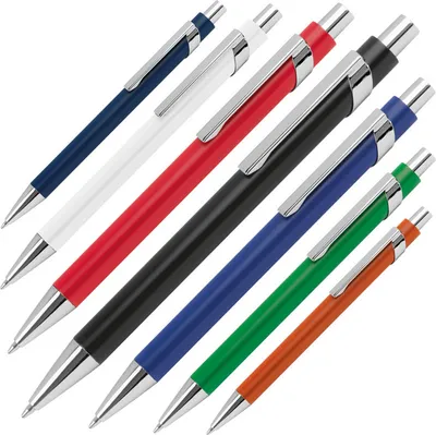 Produktbild von 7 Kugelschreiber aus Metall mit silbernen Applikationen / 7 verschiedene Farben