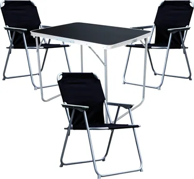 A camping set with a table and three chairs on a white background.