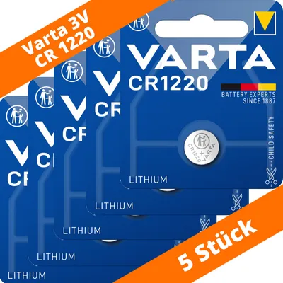 A retail package of Varta CR 1220 lithium coin cell batteries.