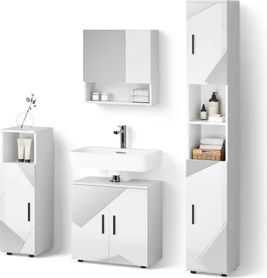 Image de Ensemble de meubles de salle de bain Livinity Ronco Blanc brillant avec inserts 4 pièces, avec armoire haute, Model 52749