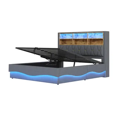 Produktbild von STILVORA 180x200 Polsterbett mit Nachttisch und USB Ladeschnittstellen,Jugendbett mit LED-Licht durch APP-Steuerung,Doppelbett mit Metall-Lattenrost,Leinen,Ohne Matratze,Grau
