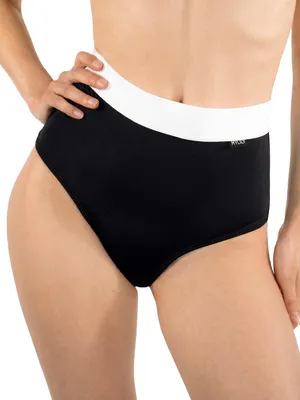 Productafbeelding van MYLILY Zwembroek voor dames, zwart | Hoge taille zwembroek met witte band