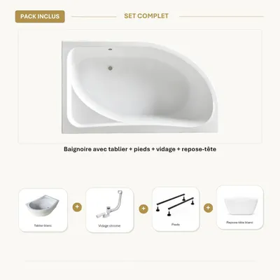 Produktbild von Weiße, asymmetrische, linksseitig zu öffnende Einbaubadewanne 160 x 100 cm – Weiße Schürze – Kopfstütze – CALMA