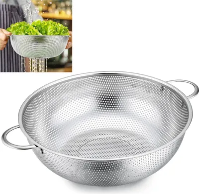 Produktbild von Großes Nudelsieb Edelstahl 28cm mit Griffen, Mikroperforiertes Abtropfsieb Spülmaschinenfest