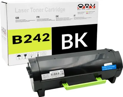 A black toner cartridge is shown in front of its packaging box.