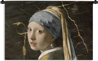 Produktbild von MuchoWow® Wandteppich Wandbehang Mädchen mit Perlenohrring - Vermeer - Marmor 90x60 cm Tapisserie Dekoration Wandtuch - Wandskulpturen - Bildteppich