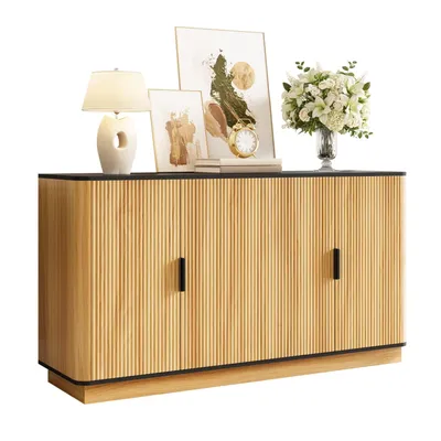Produktbild von Sideboard 4-türig, vertikale Riffelung, Holzoptik, Schrank für Wohnzimmer, Flur, Esszimmer, Stauraum