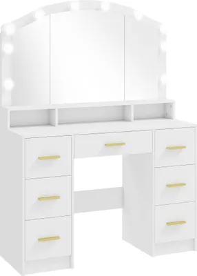 Produktbild von Schminktisch mit 10 LED-Hollywood-Lampen, Spiegel, 7 Schubladen, 3 Fächer, MDF, Weiß