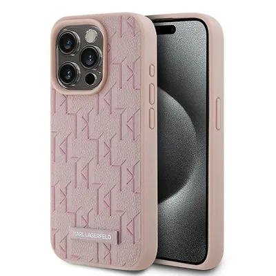 A pink Karl Lagerfeld iPhone 15 Pro case is shown on a white background.