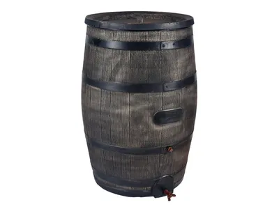 A rain barrel with a wood-like texture and black metal bands, shown against a white background.