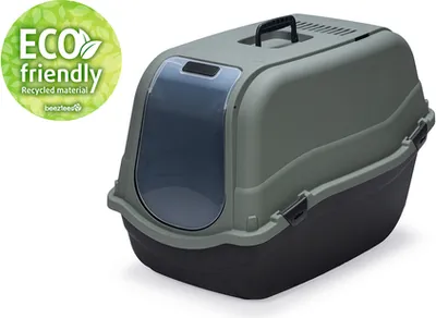 A cat litter box with an eco-friendly label.