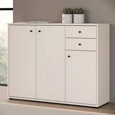 Produktbild von Forte TEMPRA 2 Kommode 100 110, moderne Kommode 3-türig, 2 Schubladen, Schlafzimmer, Wohnzimmer, Büro, Holzwerkstoff, Kaschmir|Beige, 108,8 cm breit x 85,5 cm hoch x 34,8 cm tief