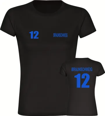 Produktbild von multifanshop Damen T-Shirt - Braunschweig - Trikot Nummer 12, schwarz-2, Größe XXL
