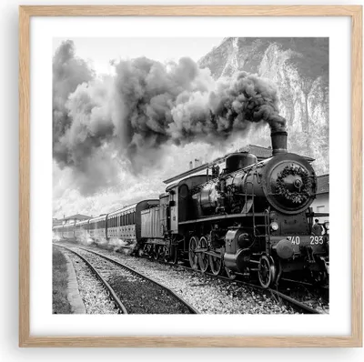 Produktbild von Gerahmtes Poster - Rahmen in heller Eiche - Zug Schwarzweiß Rauch - 50x50 cm - Wand Bild - Wanddeko - Wandbilder - Wandposter - Bilderrahmen - Bilder - Kunstdruck - Wandbild - P2NAC50x50-4315