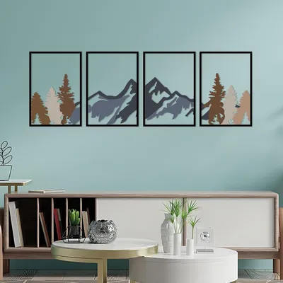 Obrázok produktu pre Sada 4 kusov kovových nástenných dekorácií "Horský les", farebný motív, rozmer 180 x 56 cm