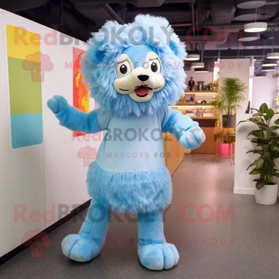 Produktbild von Himmelblauer REDBROKOLY Löwe Maskottchen Kostüm charakter bekleidet mit einem Midi-Kleid und Schnürsenkeln