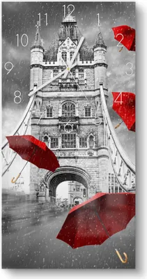 Produktbild von DEQORI Glasuhr 30x60 cm Zahlen 'Tower Bridge im Regen' Wanduhr Glas Uhr Design leise