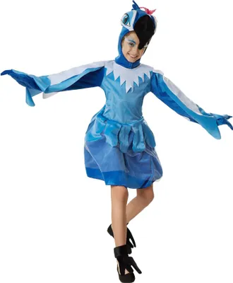 A child wearing a blue parrot costume.