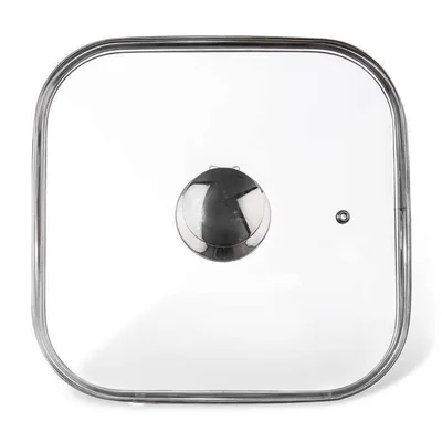 A square glass pot lid with a silver handle and a small vent hole.