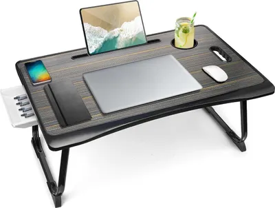Image de Amaredom Table pour ordinateur portable pliable avec tiroir et porte-tasse 60x40cm noir