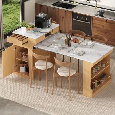 Immagine prodotto di Isola da cucina con ruote, estendibile, in legno naturale. Tavolo da cucina, credenza con presa di corrente e cassetti