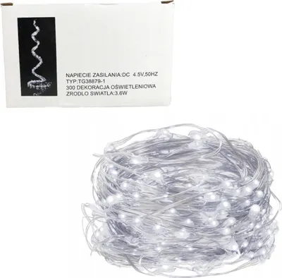 A product box with text and an image of a spiral light string, and a separate image of the coiled light string.