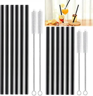 Produktbild von Famanu Glasstrohhalme schwarz, 12 Stück, 21,5 cm und 15 cm, inkl. 4 Reinigungsbürsten