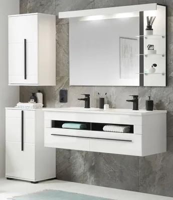 Produktbild von Badmöbel Set "Design-D", weiß Hochglanz Badkombination mit Doppelwaschbecken und LED