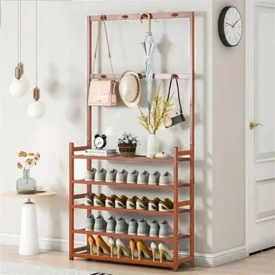 Produktbild von FATIVO 3-in-1 Garderobenständer mit Schuhablage & 8 Haken, Kleiderschrank aus Holz, Flurgarderobe mit 5 Ablagen, Standgarderobe für Flur Schlafzimmer