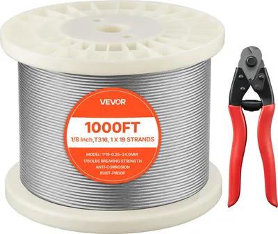 Produktbild von VEVOR Edelstahldrahtseil φ3,2 mm 304,8 m Länge, Drahtseil aus Edelstahl 316 mit einer Bruchlast von 798,3 kg, 1x19 Litzen, Stahlseil für Terrassengeländer, Gartenspaliere, inkl. Drahtschneider