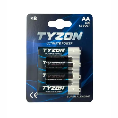 A blister pack of eight AA batteries.