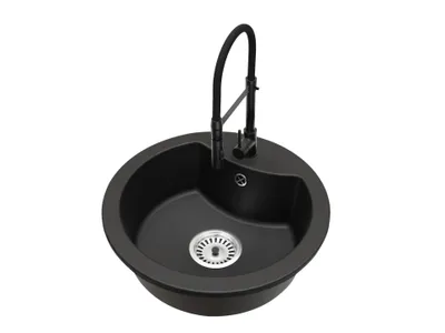 Produktbild von Mila Einbecken-Granitspüle mit Küchenarmatur Vento Schwarz und Siphon Chrom