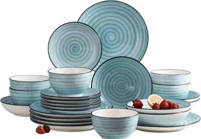 Image de Service de table - 6 personnes - 24 pièces - Bleu - Céramique - Assiettes dîner et petit déjeuner
