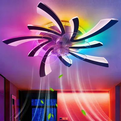 Image de Ventilateur de plafond avec éclairage et télécommande - 6 vitesses et fonction de réversion - 77x77x13 cm