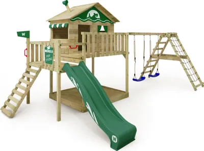 Produktbild von WICKEY Spielturm Klettergerüst Smart Ocean mit Schaukel & Rutsche, Stelzenhaus mit Sandkasten, Kletterleiter & Spiel-Zubehör - grün