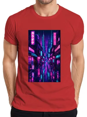 Immagine prodotto di T-shirt da uomo, stile cyberpunk, con immagini di Tokyo di notte, luci al neon, Giappone, stile anni 2000, vaporwave, colore rosso, taglia L