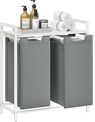Produktbild von Korb, 2 Fächer, Wäschekorb Mit Ablage, Korb, Wäschesack Aus Oxford-Gewebe, Faltbar, Herausnehmbar, Metallrahmen, 2 X 4