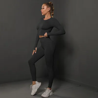 Produktbild von 2-teiliges nahtloses Trainingsanzug-Set, Laufset, Trainingsanzug, Leggings-Set, schwarz, M