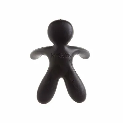 A black, stylized human-shaped car air freshener.