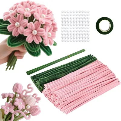 Produktbild von Pfeifenputzer zum Basteln 220 Stück, 2 Farben, mit Blumendraht & Perlen, DIY Blumenstrauß, Rosa/Grün